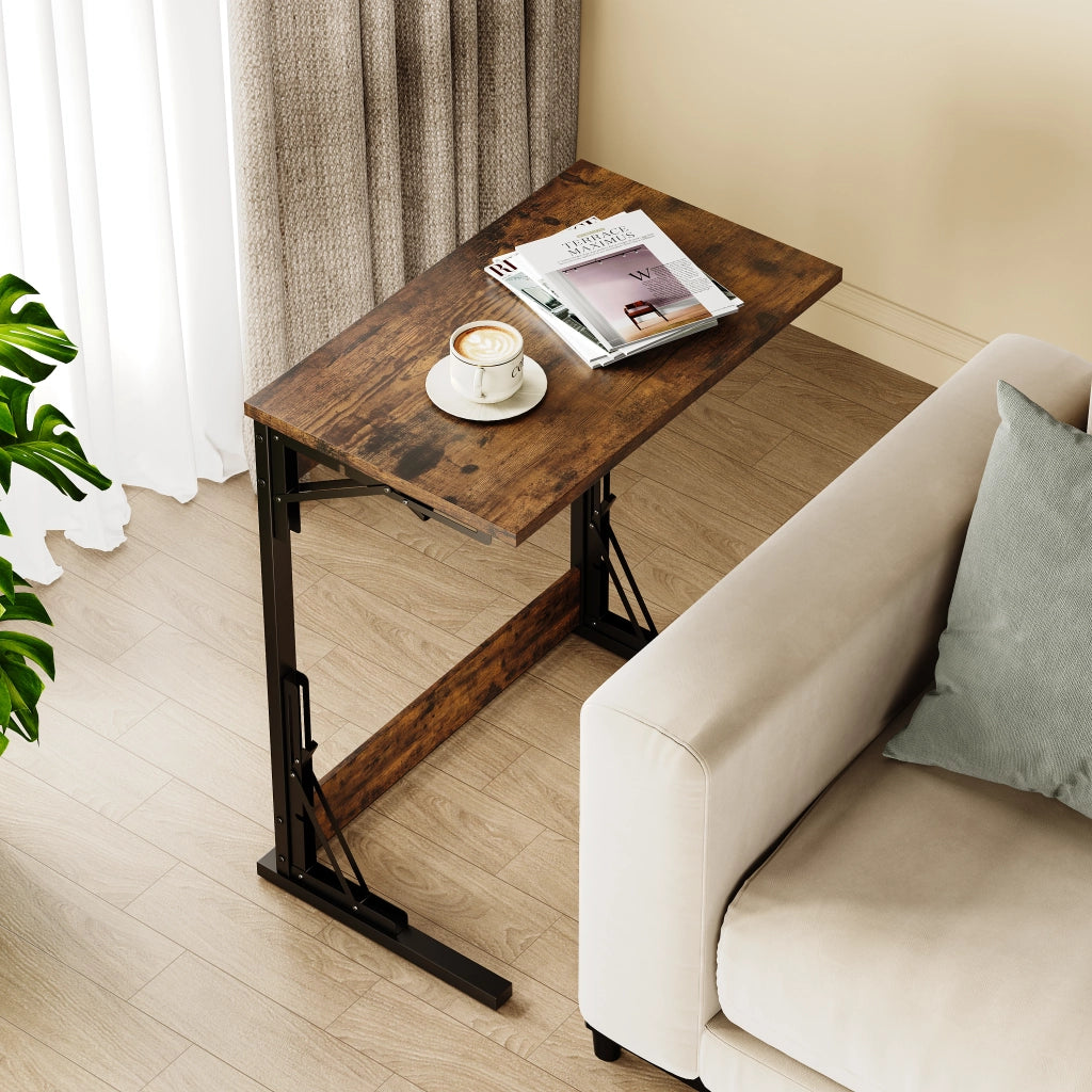Tavolino basso a C pieghevole con struttura in metallo piano effetto legno per soggiorno e camera 60 × 37 × 71 cm