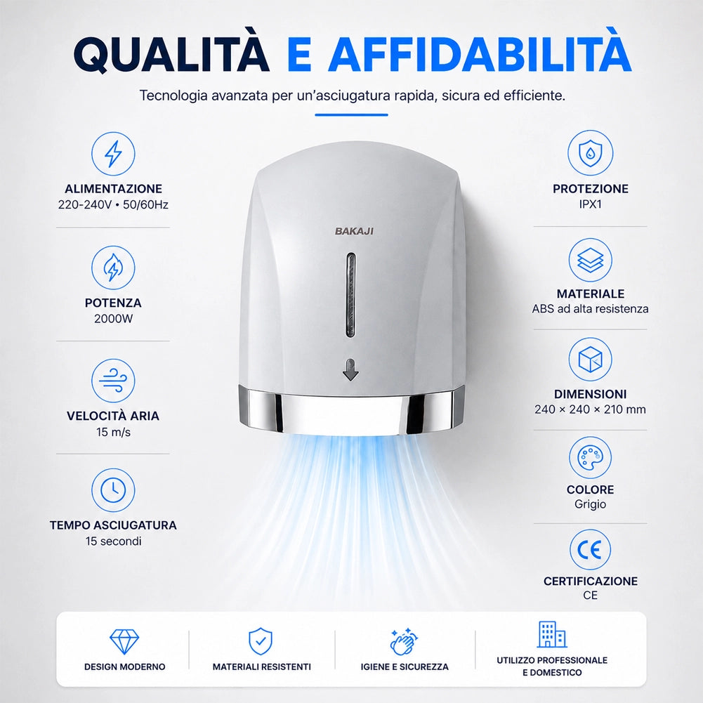 Asciugamani Elettrico Grigio da Hotel Aria Calda a Parete 2000W con Fotocellula