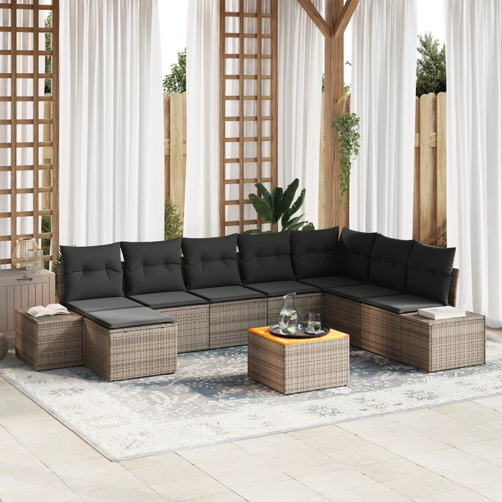 Set Divani Giardino 9 Pezzi con Cuscini Grigio Polyrattan Acacia