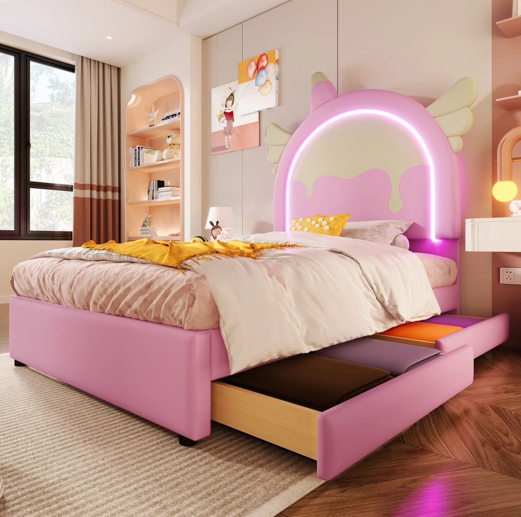 Letto imbottito 90x200 cm con barra LED; 2 cassetti; PU e MDF; rosa