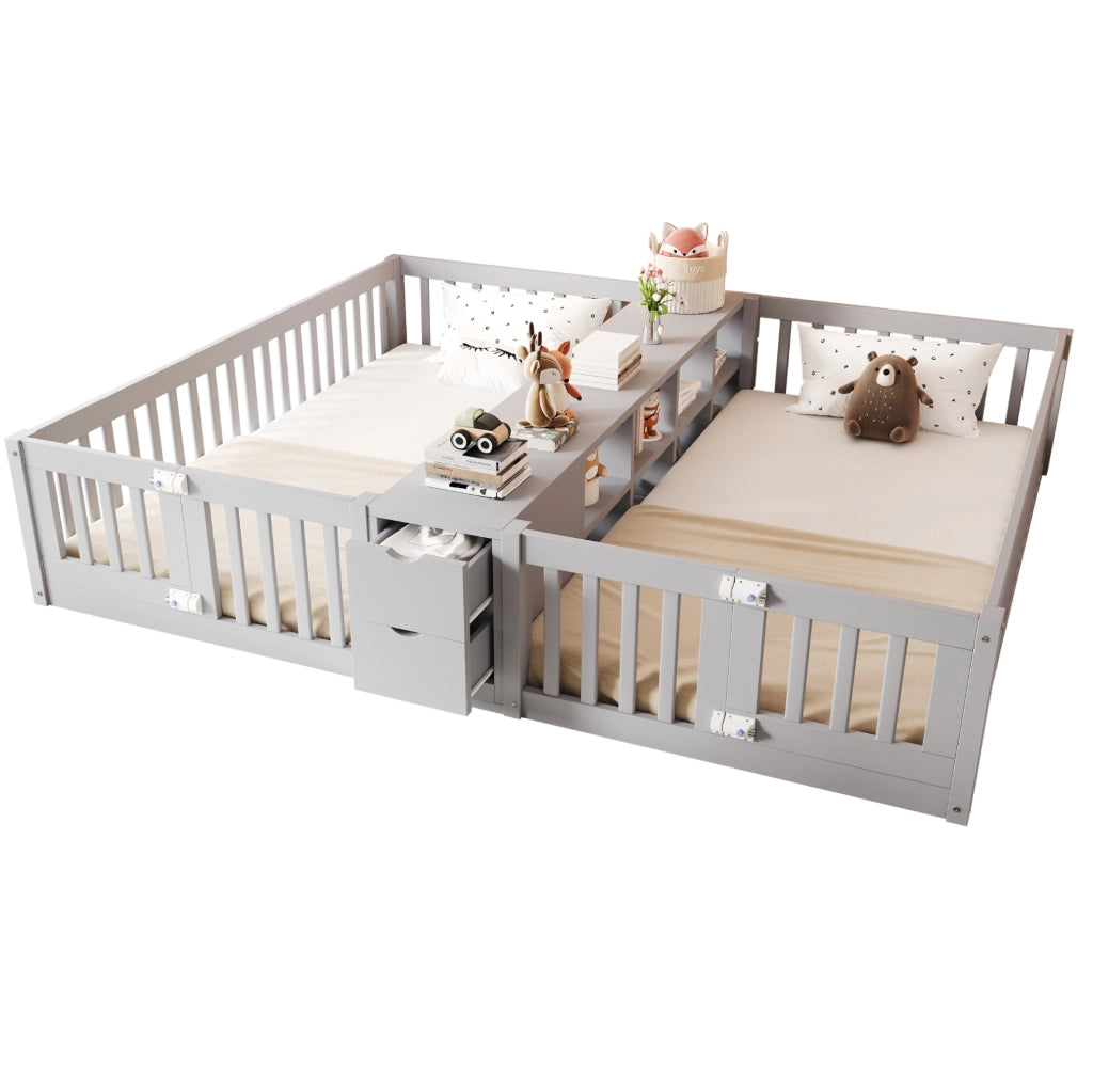 Letto doppio per bambini 2x90x200 cm con cassetti e ripiani in pino; compensato e MDF grigio