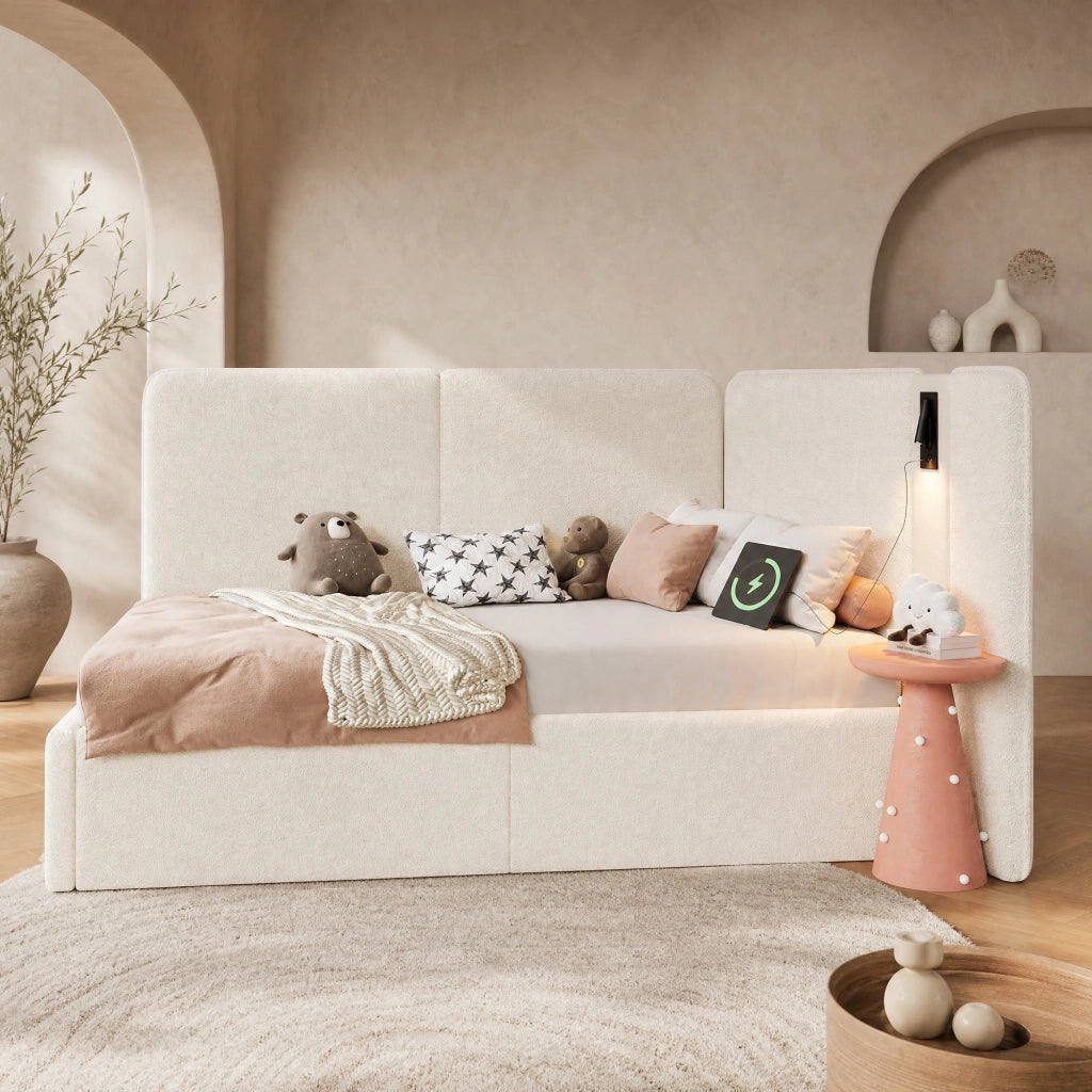 Letto singolo 90x200 cm con contenitore idraulico; lampada orientabile e prese USB; beige bouclé