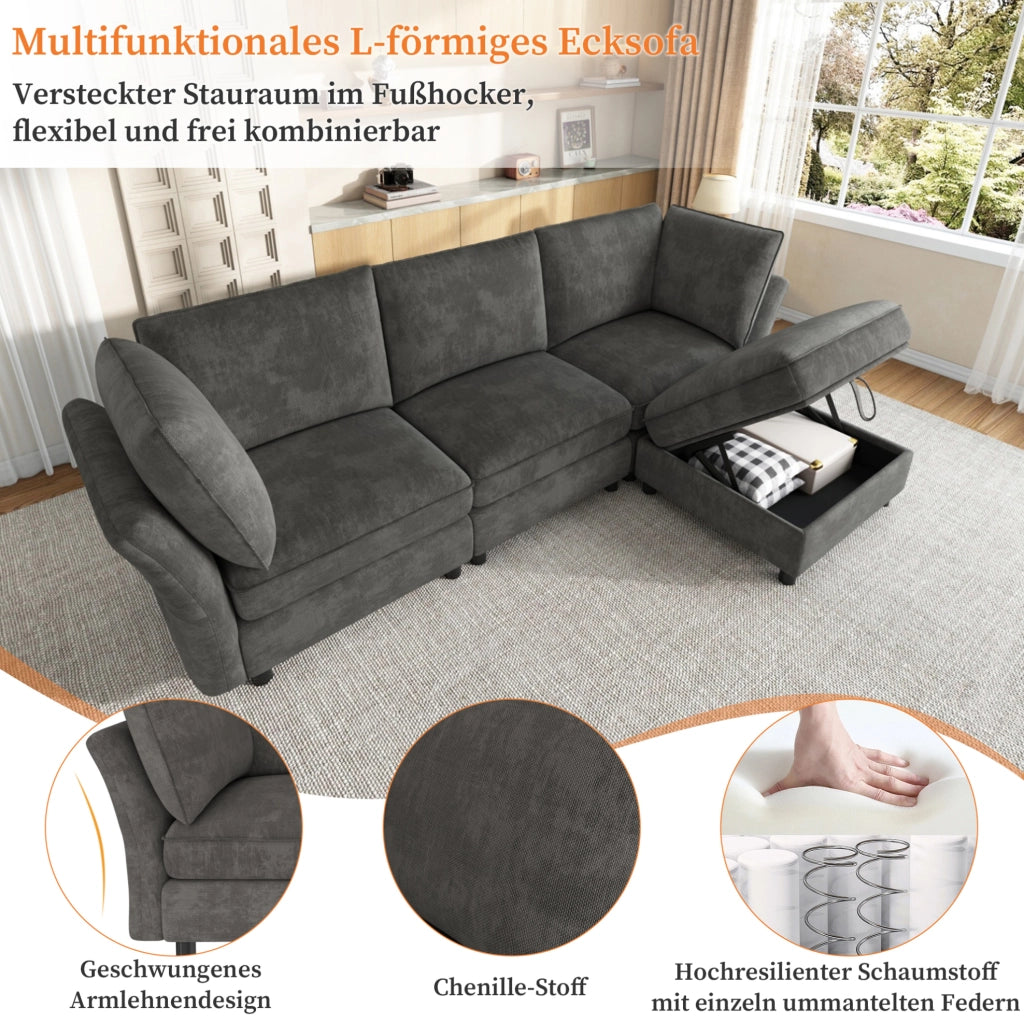 Divano angolare modulare 4 posti in ciniglia grigio con pouf