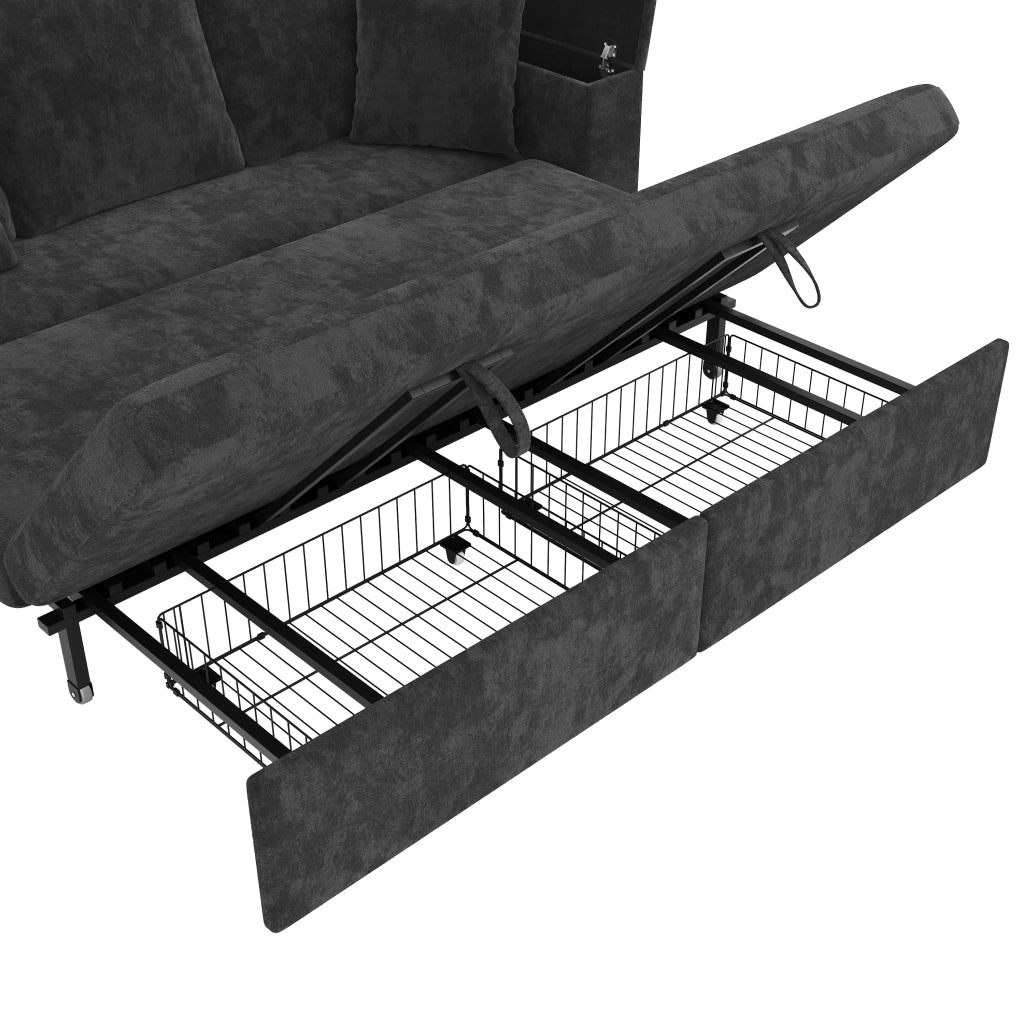 Divano letto 3 posti con funzione letto, vano portaoggetti e porte USB e Type-C, in ciniglia grigia 210,5 × 192 × 93 cm