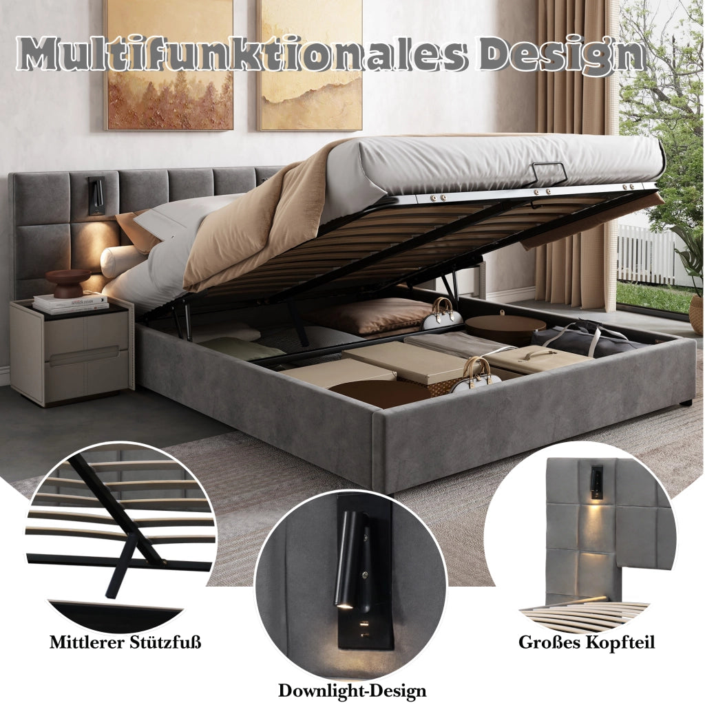 LETTO imbottito contenitore idraulico 180x200 cm in velluto grigio con luce lettura e USB