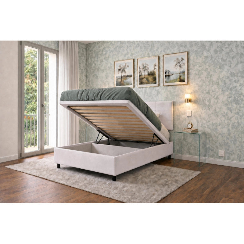 Letto imbottito Singolo 80x190 cm Square - Bianco,Similpelle,Contenitore