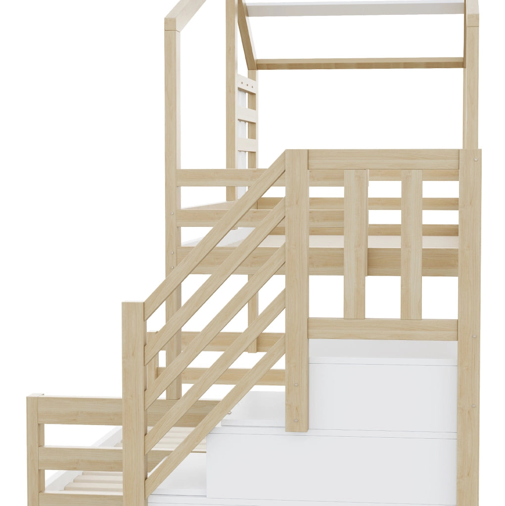 Letto a castello con scala contenitore e finestra 90x200/140x200 cm legno di pino e MDF naturale