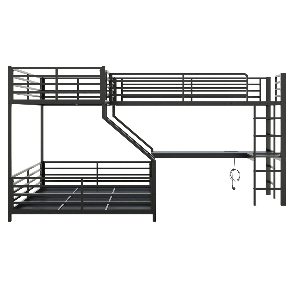 Letto a Castello 90x200 cm e 140x200 cm; 3 Posti - Scrivania; USB e Type-C - Nero
