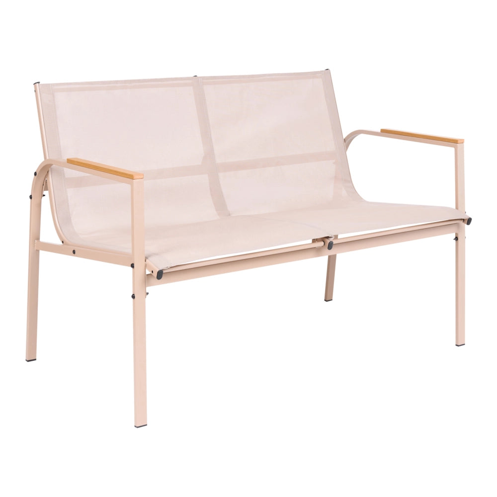 Set da giardino beige in acciaio verniciato a polvere, 4 posti con poltrone e tavolino in vetro, set da conversazione da esterno dal design moderno