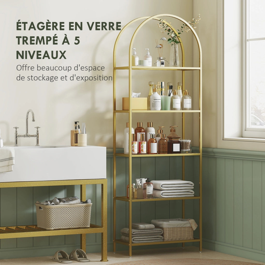 Libreria a 5 livelli in vetro arcuata ¨C zephmum ¨C dorato 60x30x175 cm