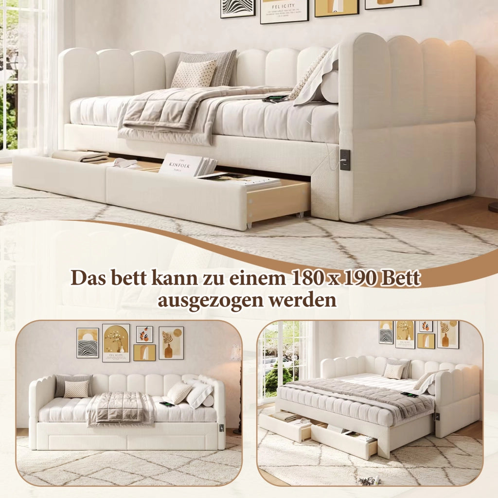 Divano letto con letto estraibile e cassetti, 90x190 cm, lino beige
