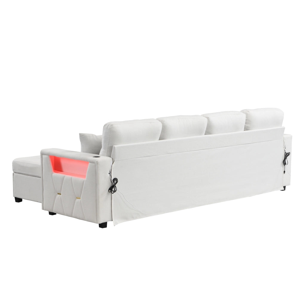 Divano 4 posti beige con pouf contenitore; LED; porte USB e Type-C; rivestimento in lino