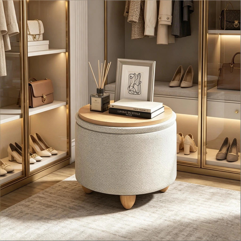 Pouf contenitore rotondo in lino con seduta imbottita e vassoio in legno per soggiorno, bianco crema