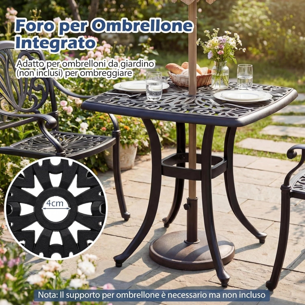 Tavolino da Esterno in Alluminio, con Foro per Ombrellone, Quadrato Antiruggine, per Giardino, Veranda e Balcone, Portata 120 kg