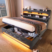 Letto imbottito 180x200 cm con LED, contenitore e USB, rivestito in lino grigio