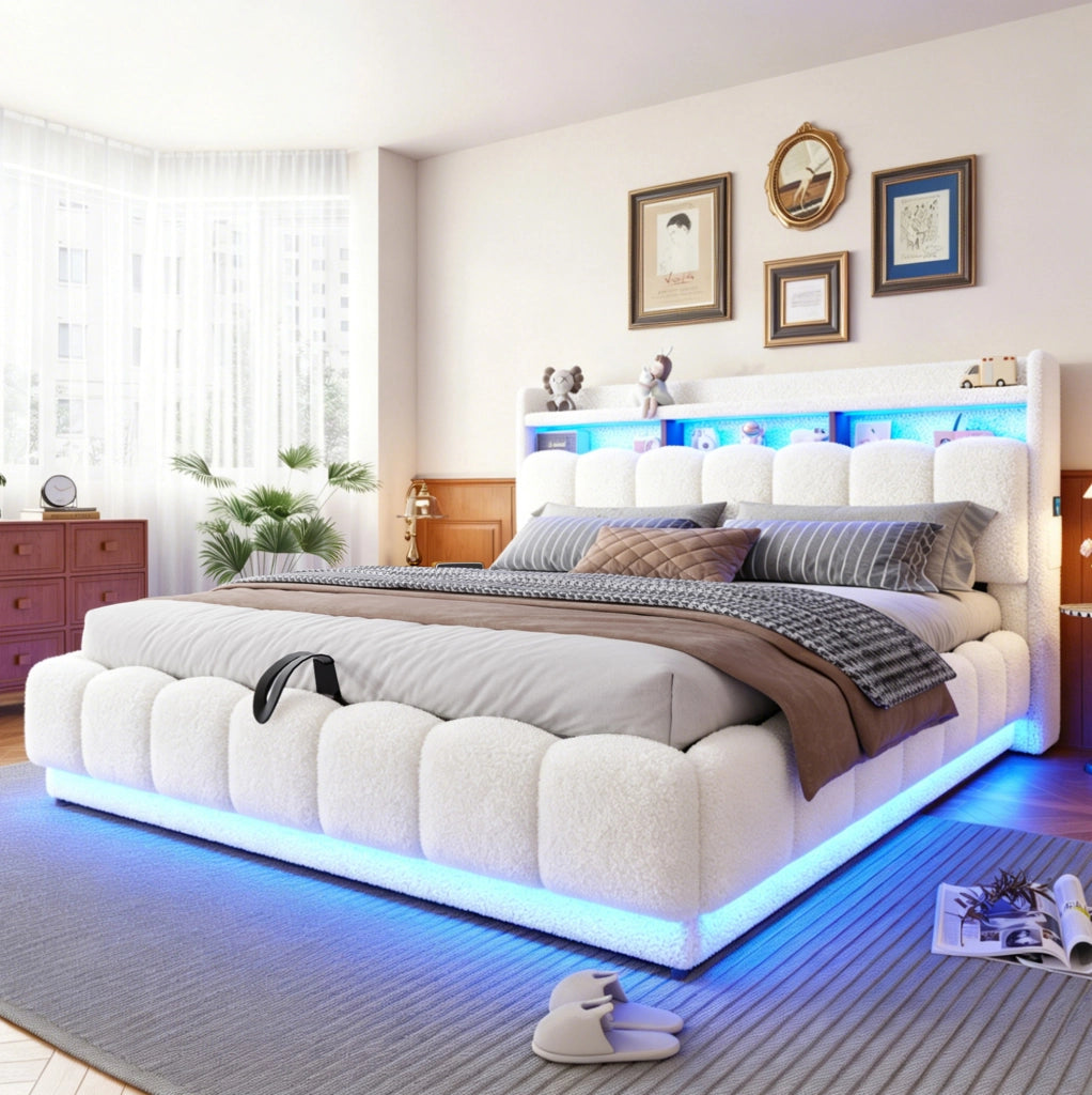 Letto imbottito 180x200 cm con contenitore, LED e USB, bianco