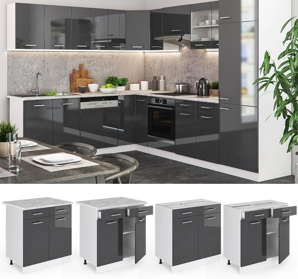 Mobiletto base per cucina R-Line, Antracite lucido, 80 cm senza piano di lavoro, per la libera combinazione all'interno di sistemi cucina modulari