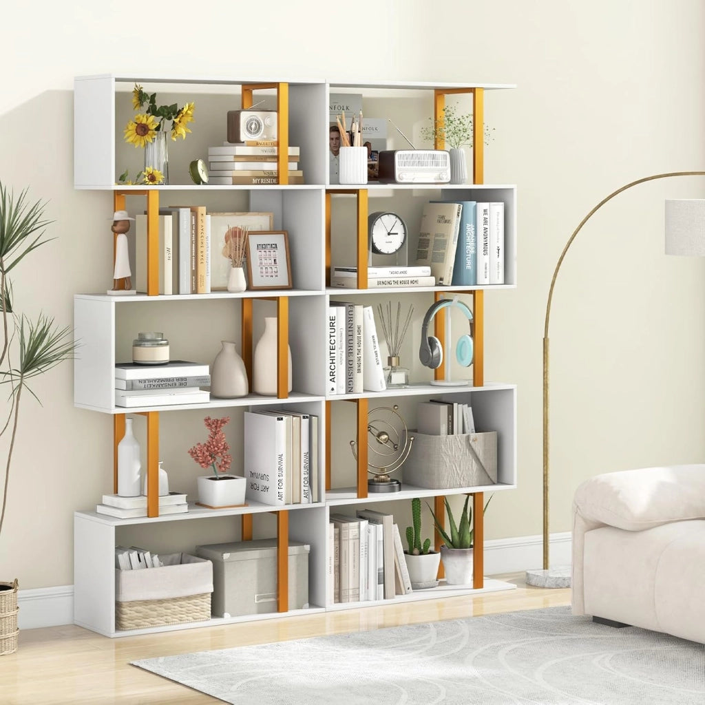 Scaffale Libri a Forma S con 5/6 Ripiani | Struttura Ibrida Legno/Metallo + Kit Antiribaltamento | Libreria Moderna per Soggiorno, Ufficio e Camera | Design Spazioso & Sicuro (Max 50kg)