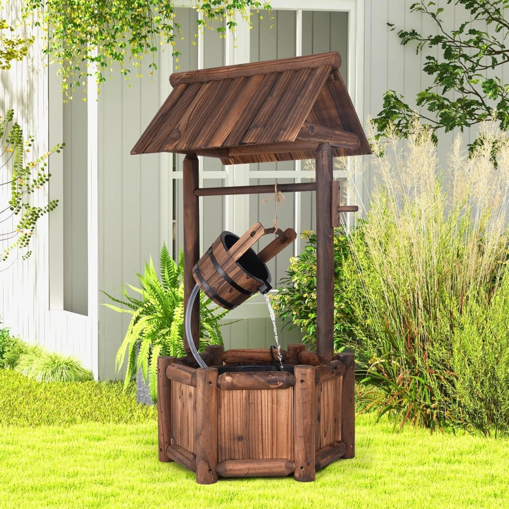 Fontana da giardino con tetto per esterni, fontana in legno con pompa elettrica e secchio in legno, fontana decorativa per cortile e prato, 59 x 56 x 115 cm