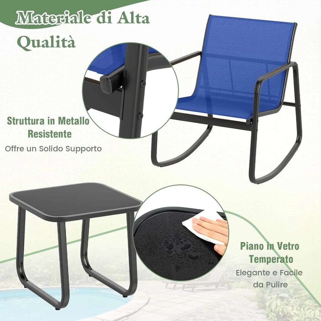 Set Bistrò 3 Pezzi, Sedie a Dondolo Ergonomiche in Textilene, Tavolino in Vetro Temperato, Struttura in Metallo, per Balcone, Giardino e Terrazzo (Blu)