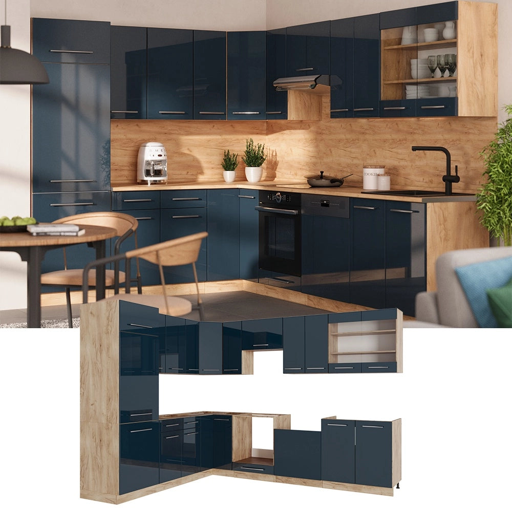 Cucina angolare completa Fame-Line Blu scuro lucido/Rovere dorato 287 x 227 cm, PL Rovere Vicco