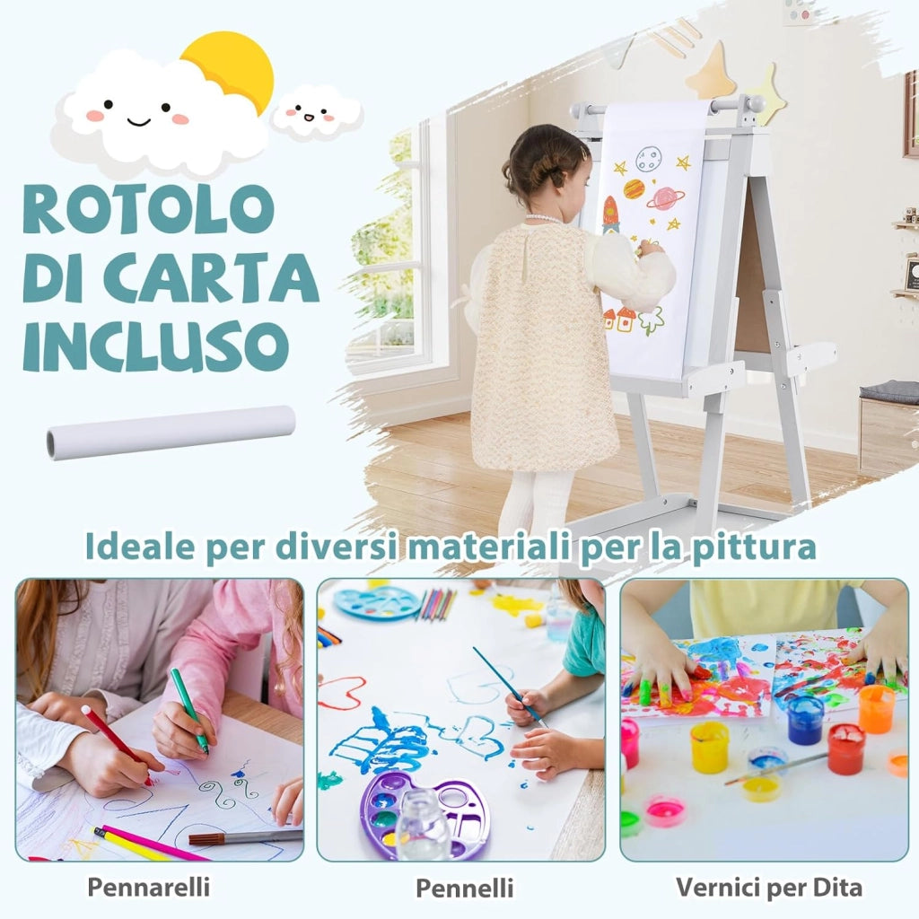 Lavagna per Bambini 3 in 1, Lavagna Magnetica con Lavagna Bifacciale, Rotolo di Carta, Vassoi Portaoggetti e 3 Bicchieri per Pittura, Cavalletto in Legno per Bambini 3+ Anni (Grigio)