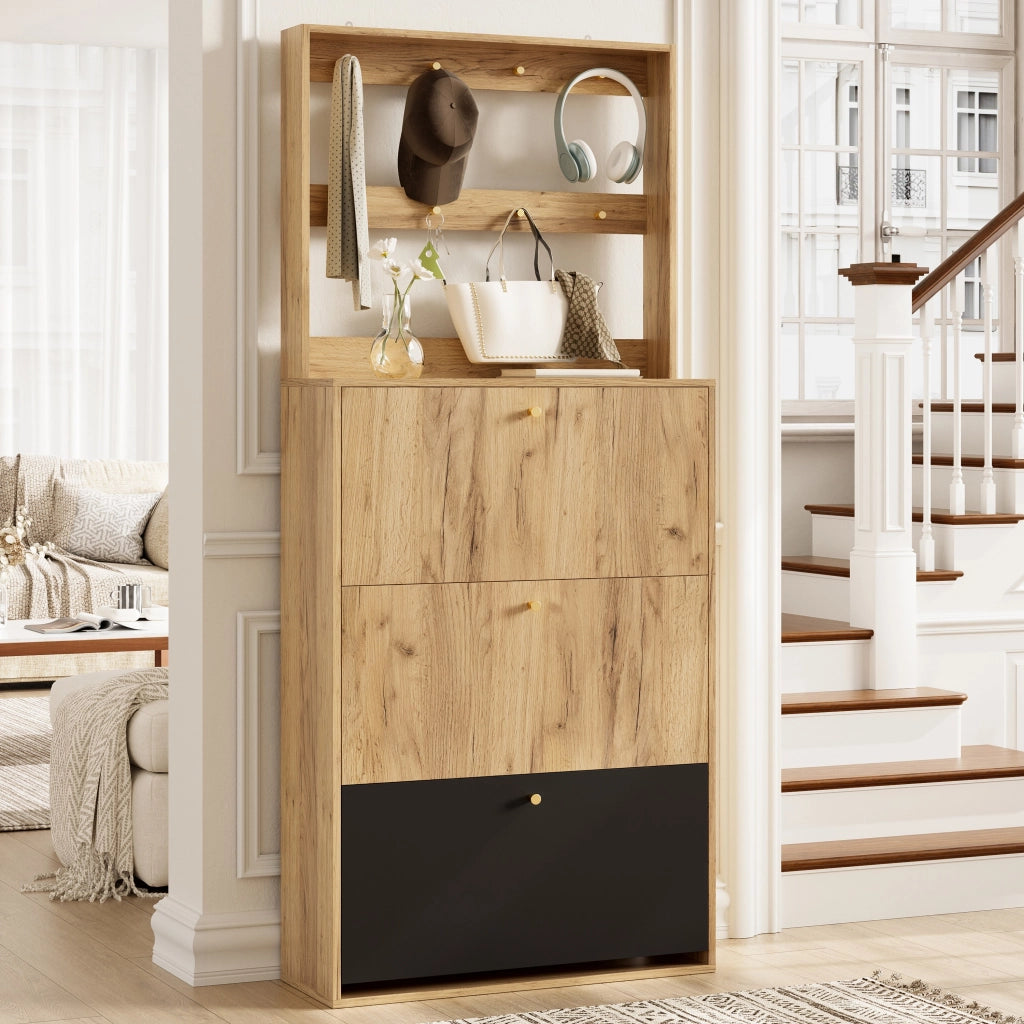 Scarpiera, mobile da ingresso con ganci, 75 x 180 x 24 cm, color legno naturale e nero