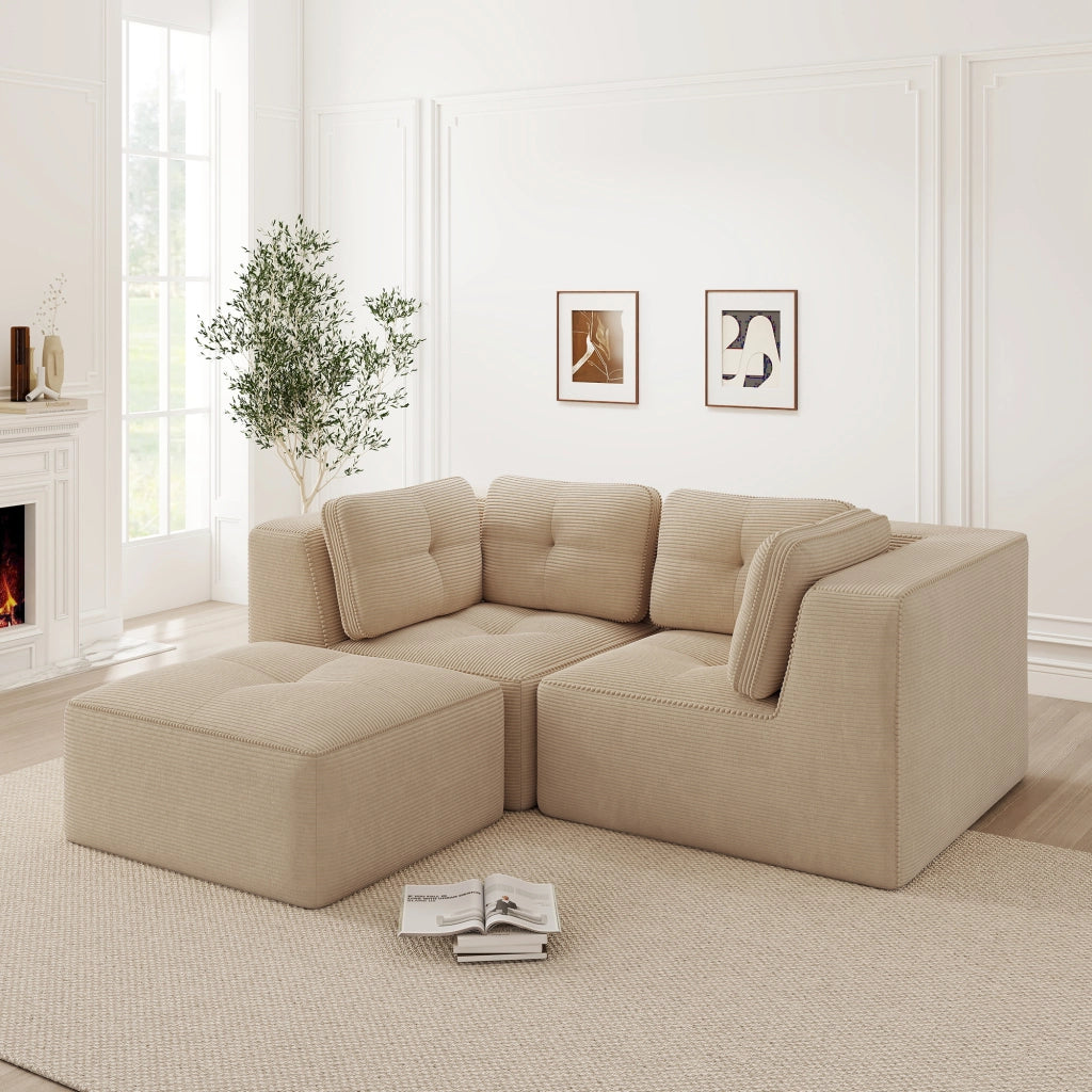 Divano Angolare Modulare 2 Posti con Poggiapiedi ¨C MINIMAL ¨C Tessuto Beige