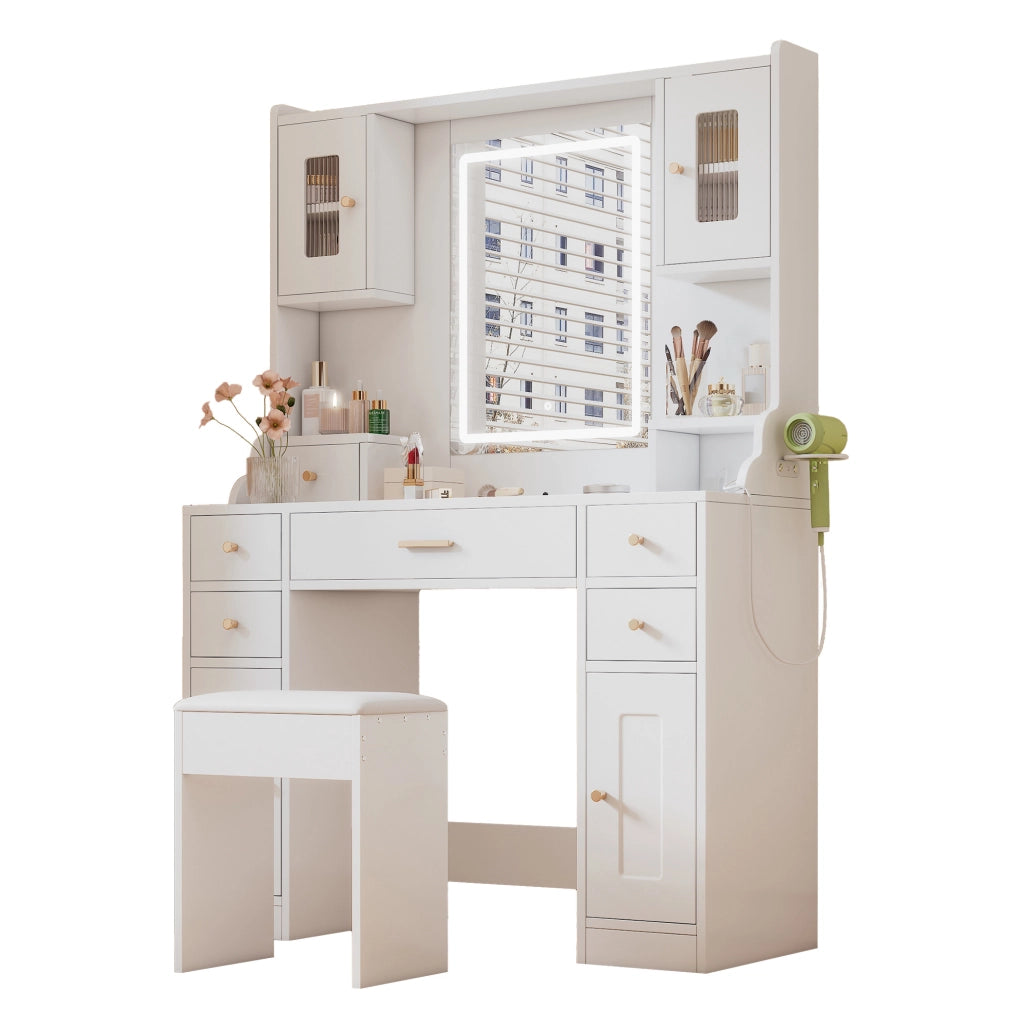 Tavolo trucco con specchio LED, 6 cassetti e 4 ante
