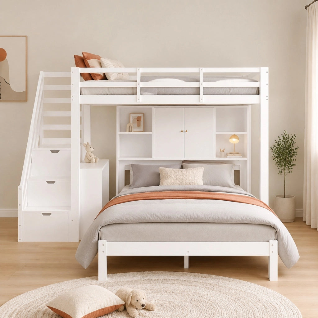 Letto a castello multifunzionale con ripiani e scala contenitore, 90x200 cm + 140x200 cm, bianco