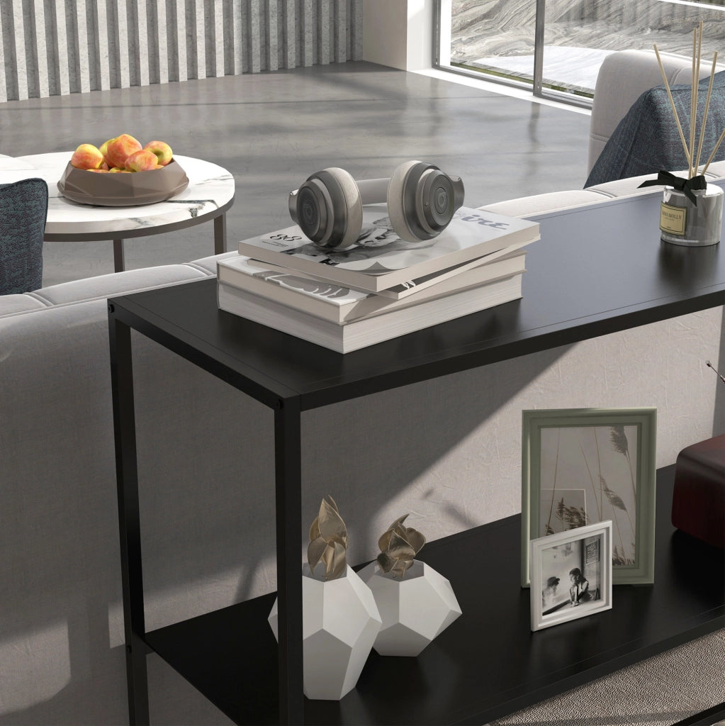 Consolle 90x30x75 cm con 2 ripiani e dispositivo antiribaltamento in acciaio nero
