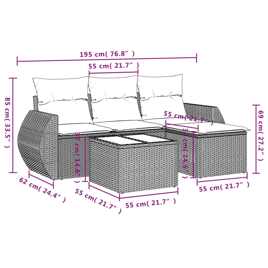 Set Divano da Giardino 5 pz con Cuscini Grigio in Polyrattan