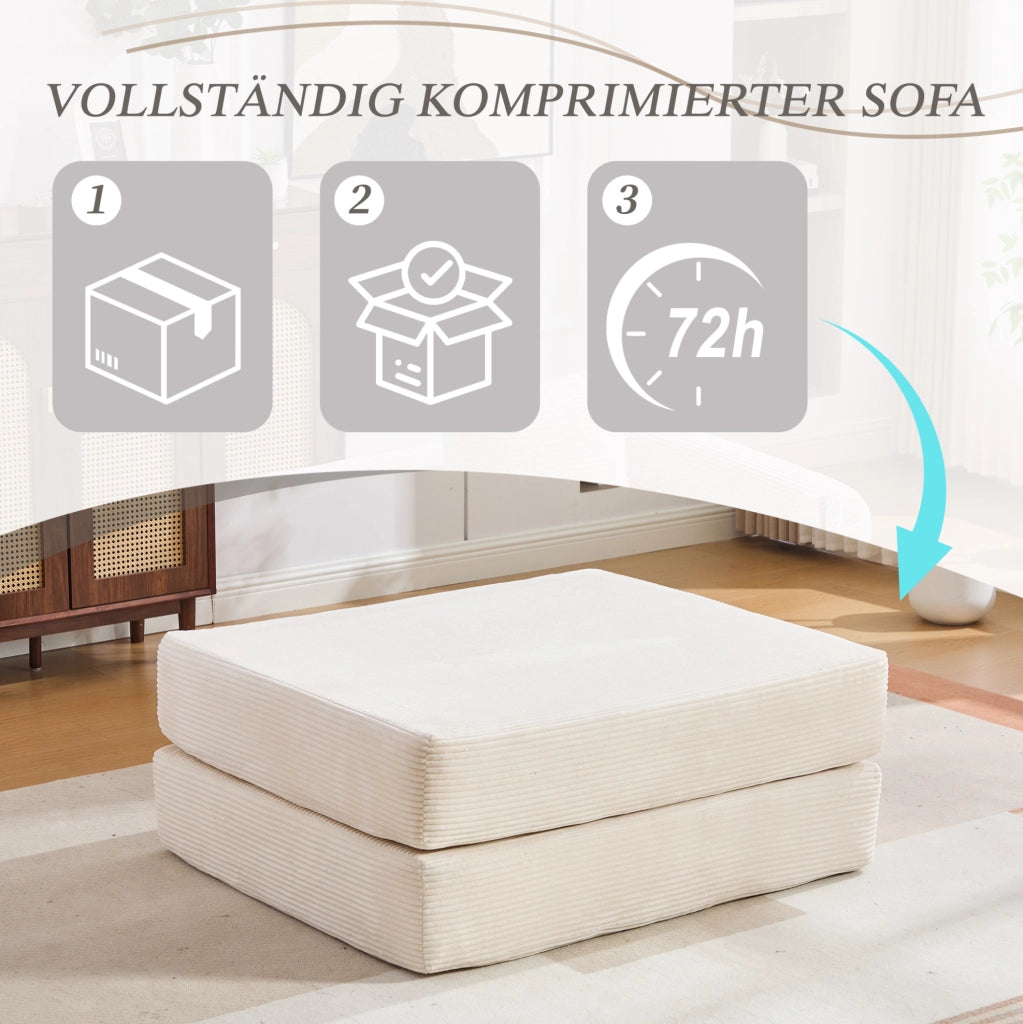 Pouf poggiapiedi in corduroy beige trasformabile in letto singolo; 109x95x43 cm