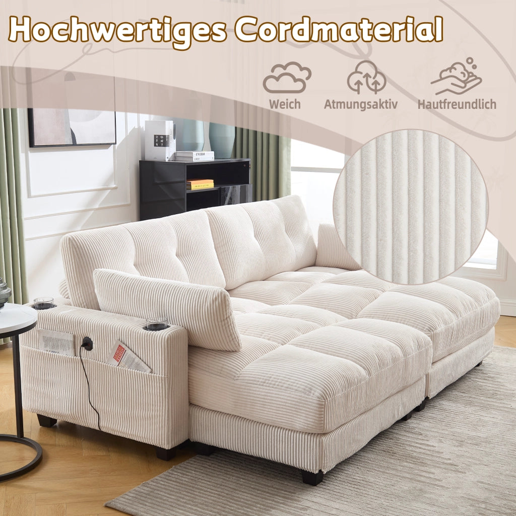 Divano modulare in velluto a coste con cuscini portabicchieri tasche laterali e porte USB separabile in due beige