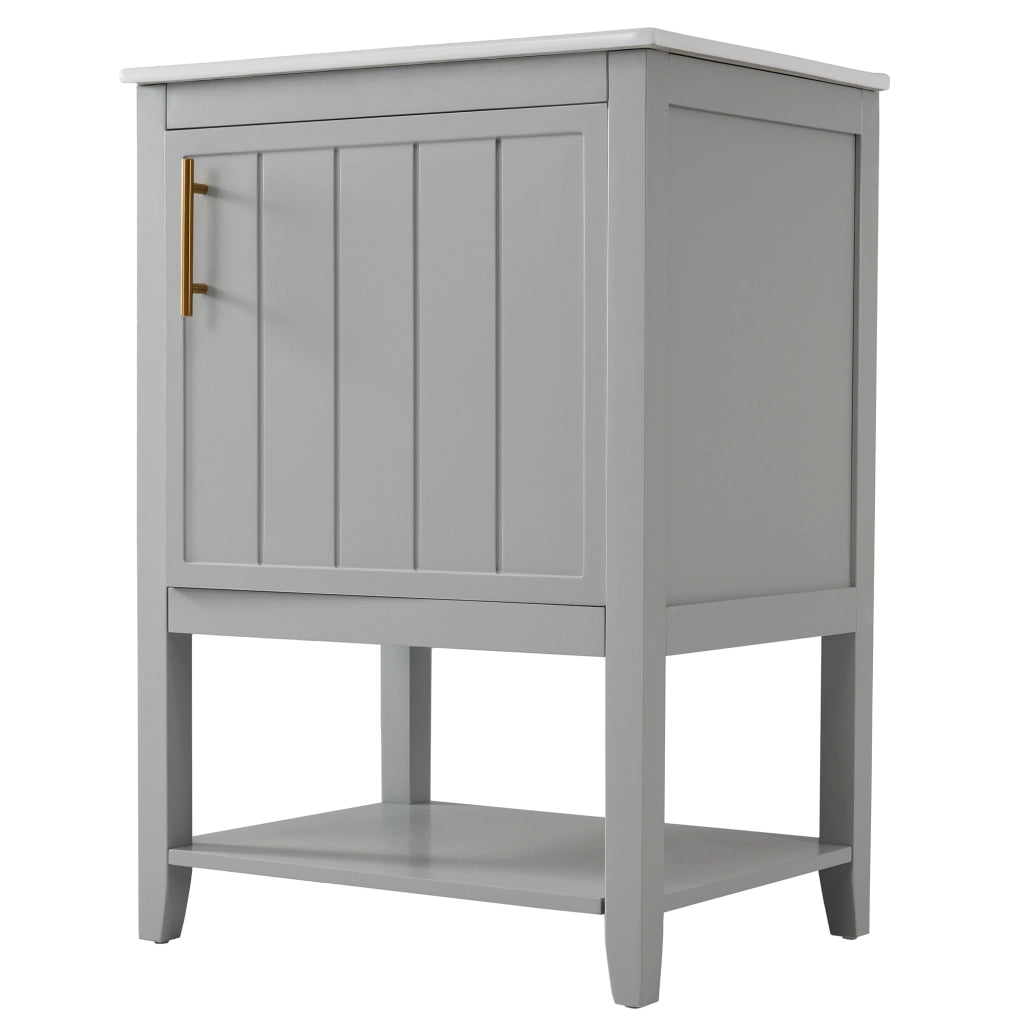 Mobile bagno grigio con lavabo in ceramica e ripiani interni