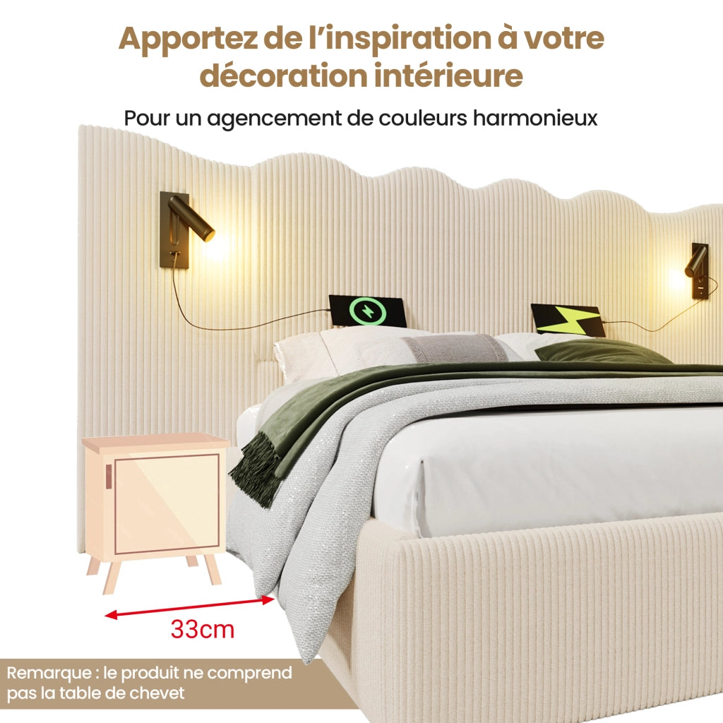 Letto Contenitore 180x200 cm con Lampada da Lettura; USB e Type C; Beige; Tessuto a Coste