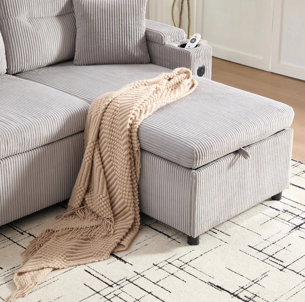 Divano 3 posti con chaise longue idraulica e letto estraibile 212;5x136x86 cm in cord grigio chiaro