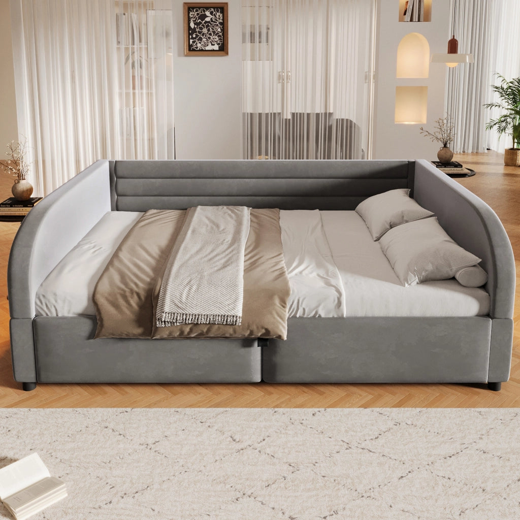 Letto contenitore 140x200 imbottito grigio con luci LED e vano portaoggetti