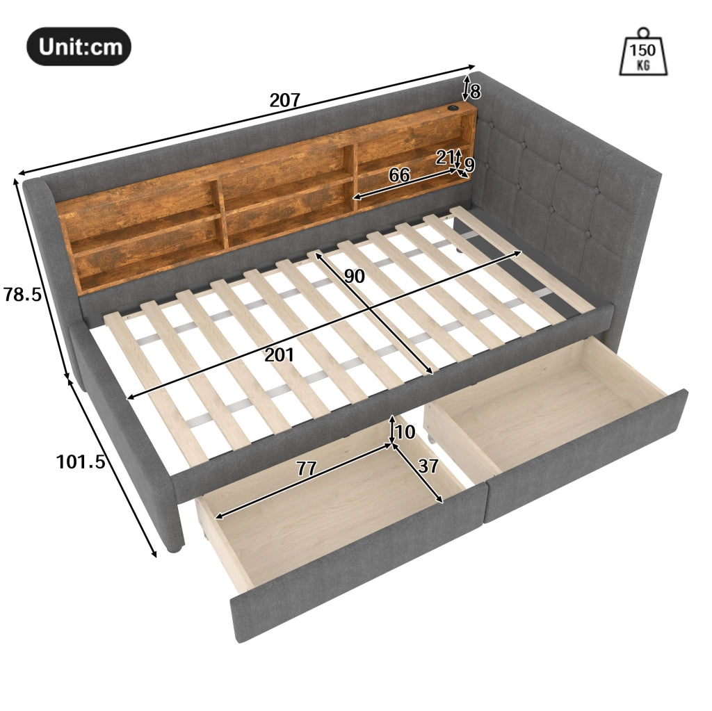 Letto da giorno ULEVR 90x200 cm con 2 cassetti, USB e Type-C, ripiani integrati, lino grigio
