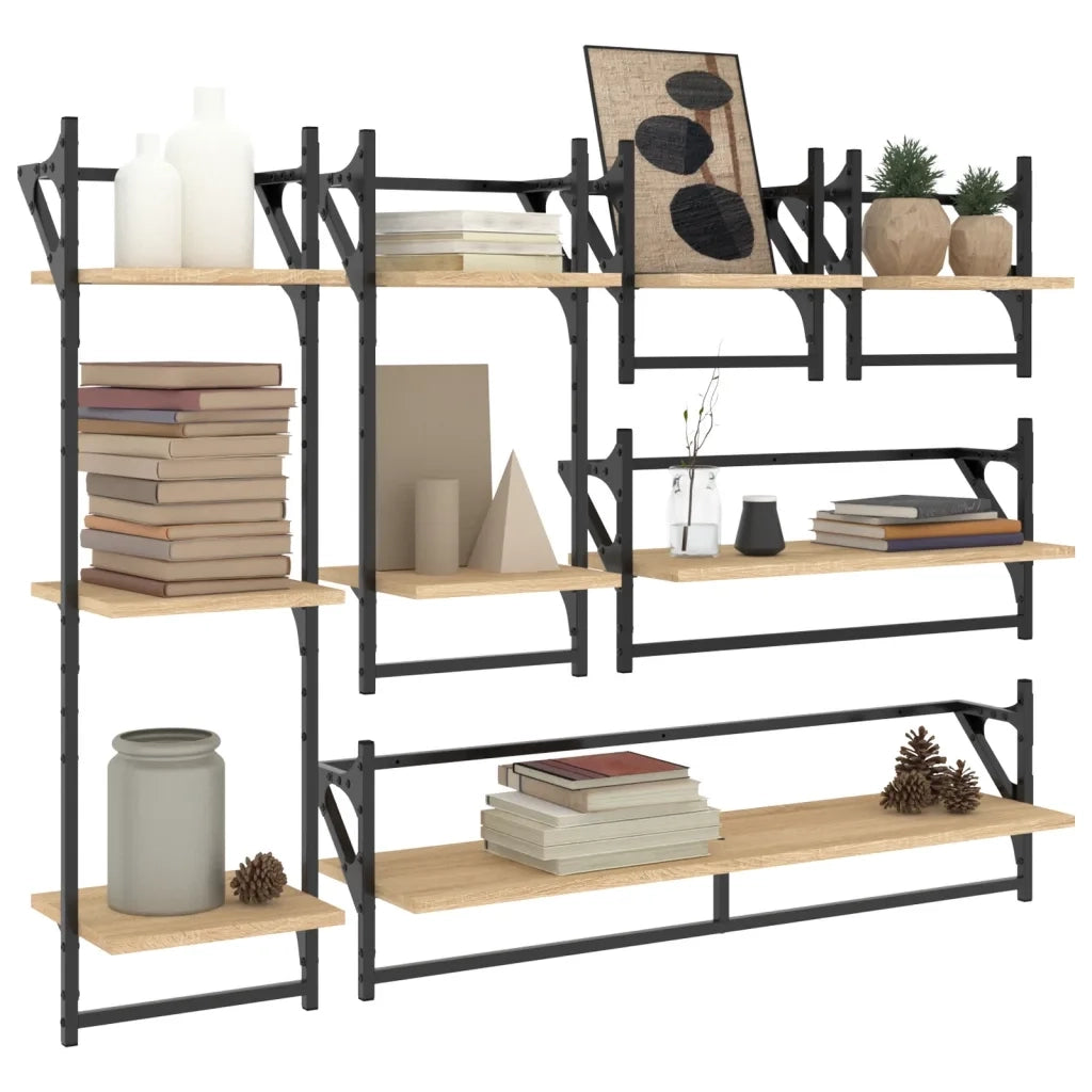 Set Mensole Parete con Aste 6pz-Ripiani-Scaffale Rovere Sonoma Legno Multistrato 174209