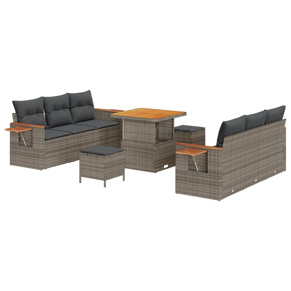 Set divano da giardino da 9 pezzi con cuscini in polyrattan grigio legno di acacia