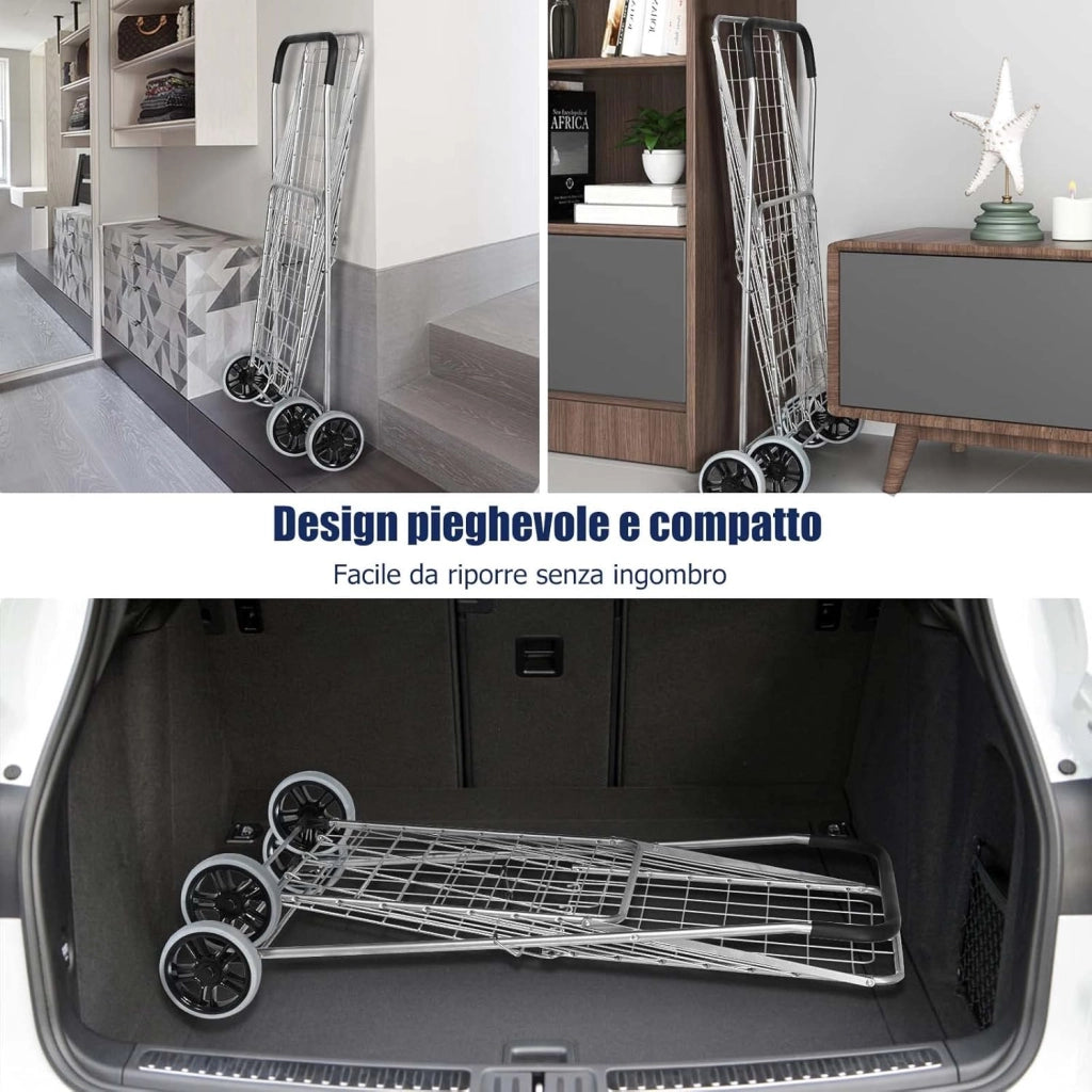 Carrello Portaspesa Pieghevole, Carrello Spesa con Ruote, Capacità di Carico: 45 kg, 83L, 57 x 58 x 91 cm (Argento)
