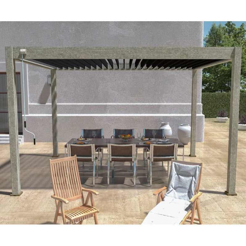 Pergola bioclimatica OmbrÃ©a 3x4M autoportante Woodlook/Antracite + 1 pannello frangivista 1M Antracite VS