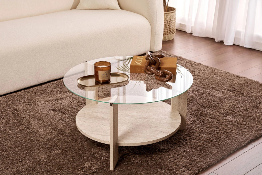 Tavolo basso in legno "Clara" - 75 x 75 x 40 cm - Travertino Trasparente