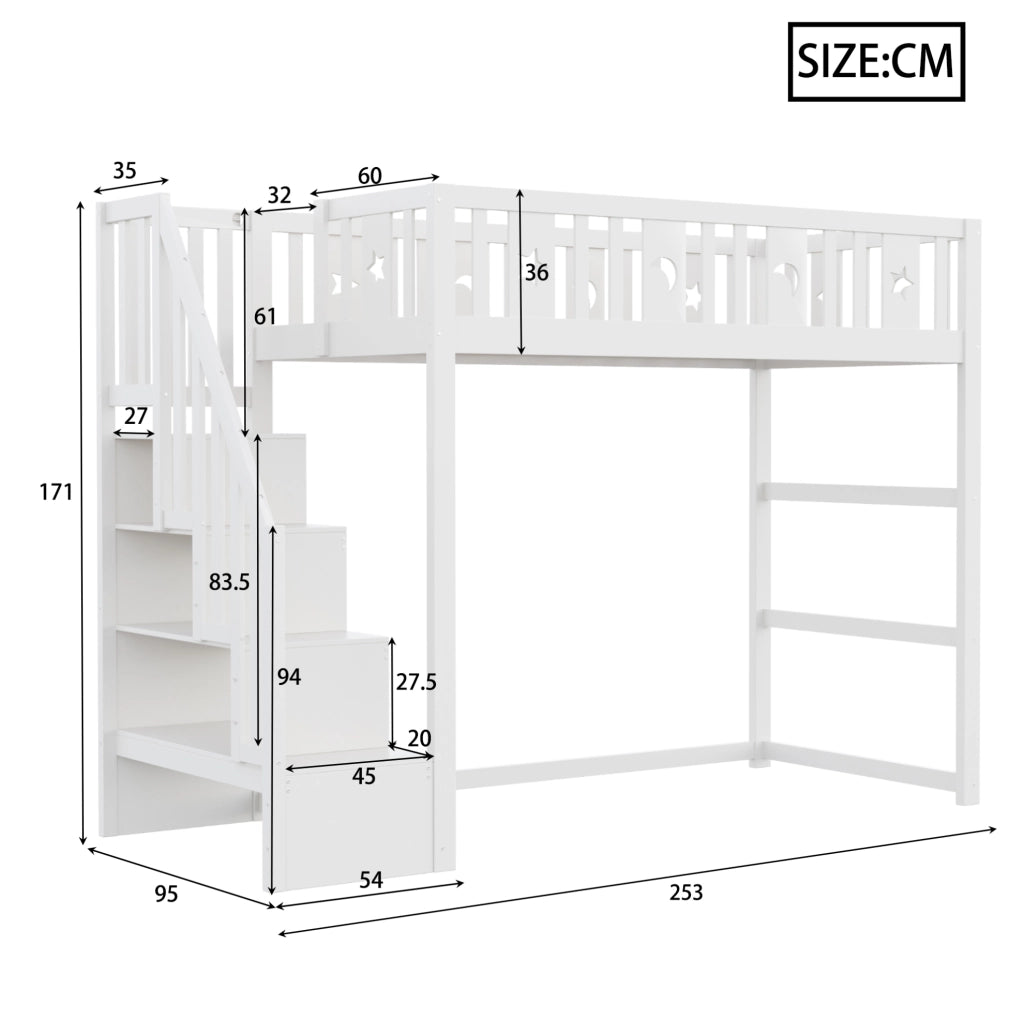 Letto a soppalco per bambini 90x200 cm con scala e scaffali; in legno bianco