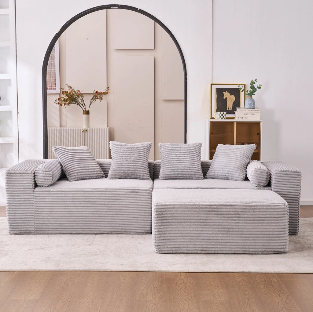 Divano modulare sezionale con chaise longue; grigio; 266x110x60 cm in foam e molle
