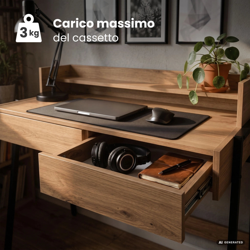 Scrivania industriale per computer Rovere Artisan FLUX 78 cm 2 cassetti 1 ripiano gambe nere