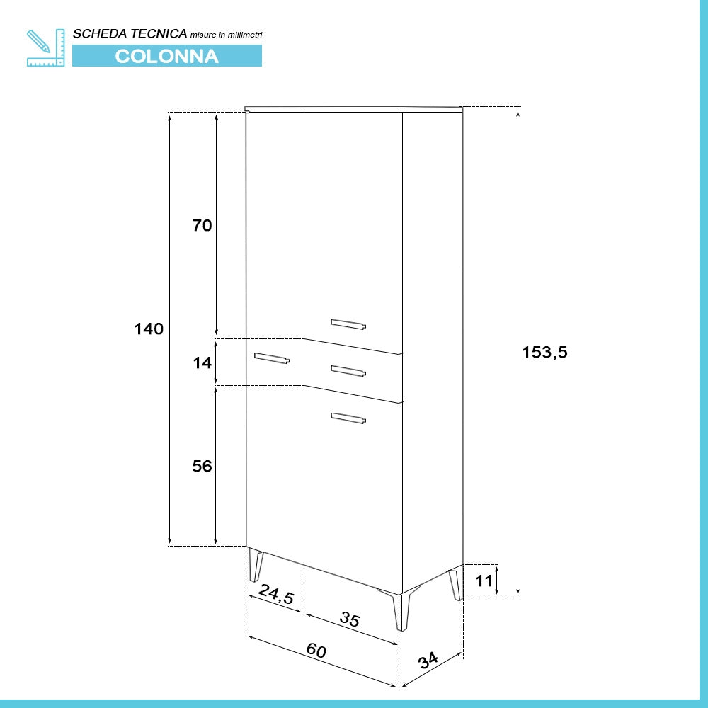 Colonna bagno a terra 60x153,5 cm rovere dolomite con 2 ante e cassetto Desya