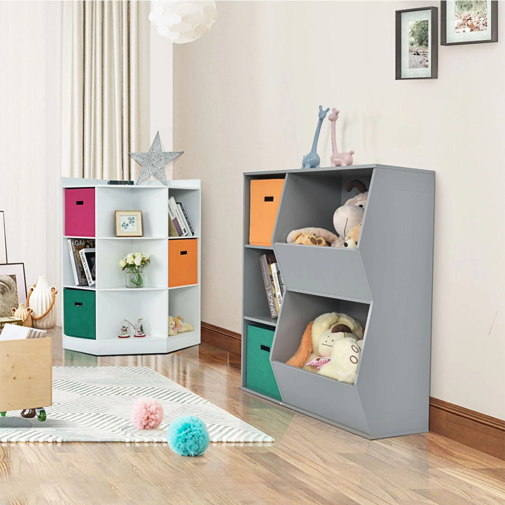 Armadio ad angolo con tre cestini colorati, Organizzatore in legno 81x61x94cm Bianco-Librerie