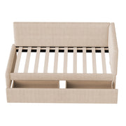 Letto imbottito singolo 90×200 cm con 2 cassetti; testiera reversibile e rete; senza materasso; beige